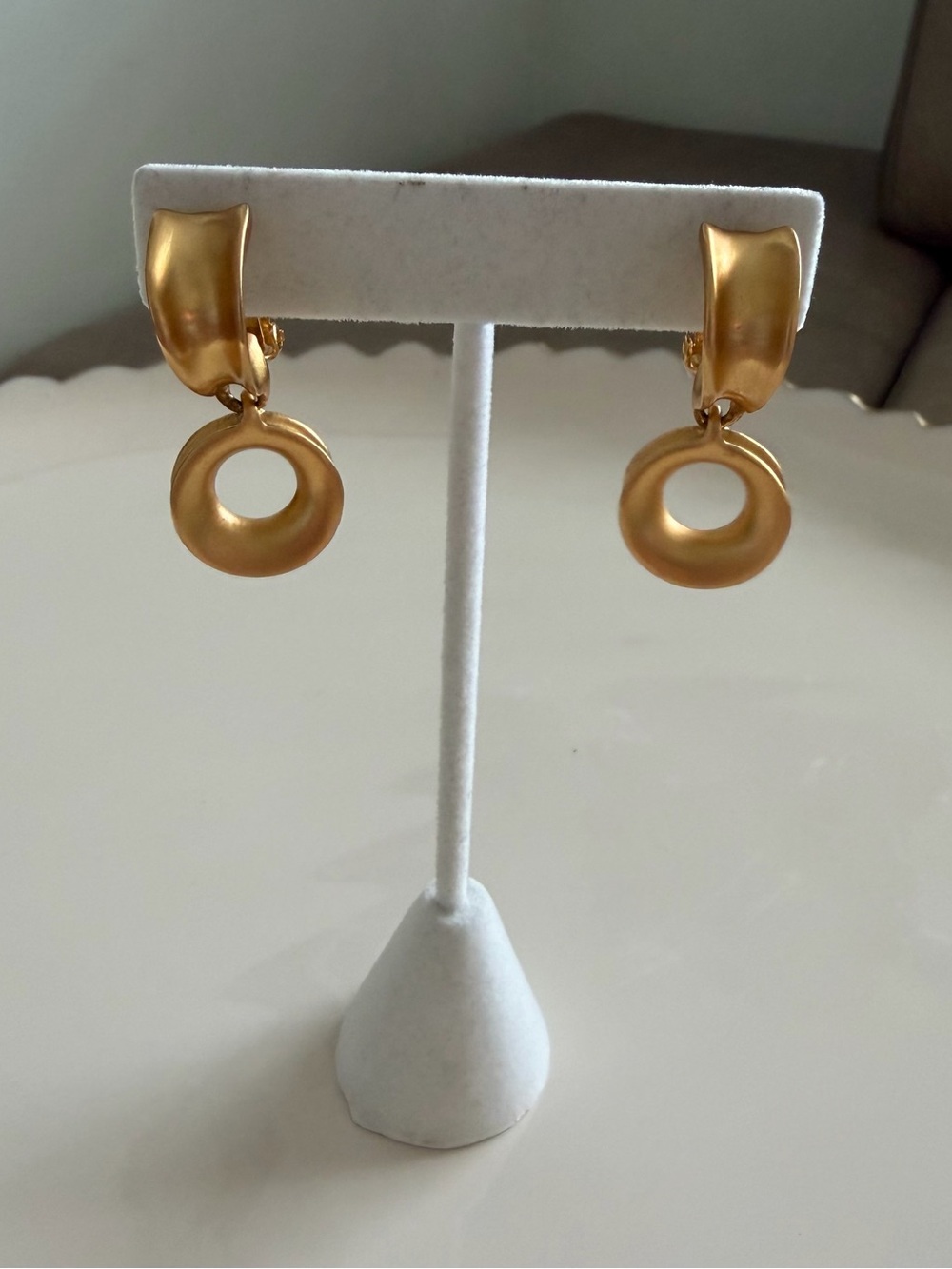 Vintage Anne Klein Signed AK Matte Gold Clip On Drop Earrings